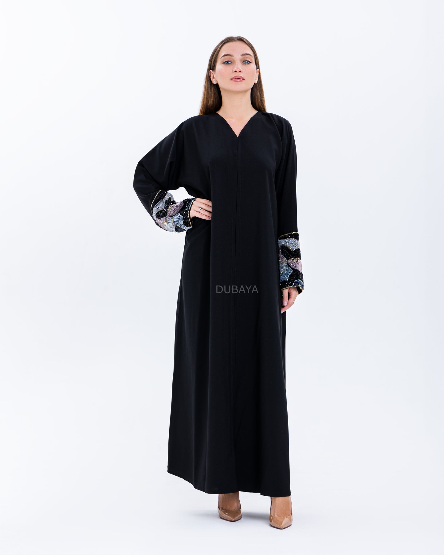 Design abaya black with purple/blue/black stones