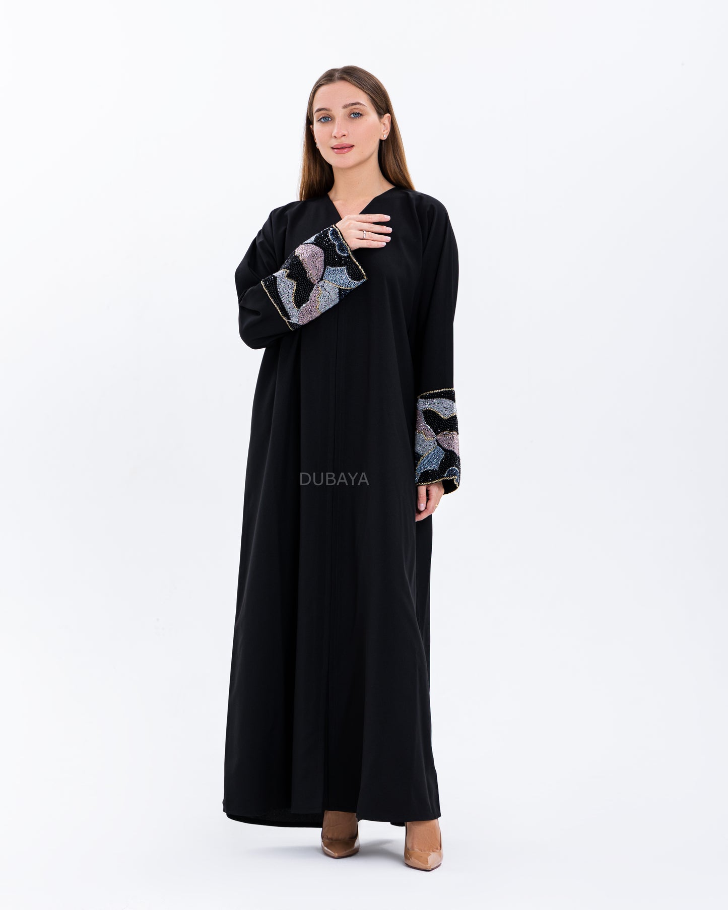 Design abaya black with purple/blue/black stones