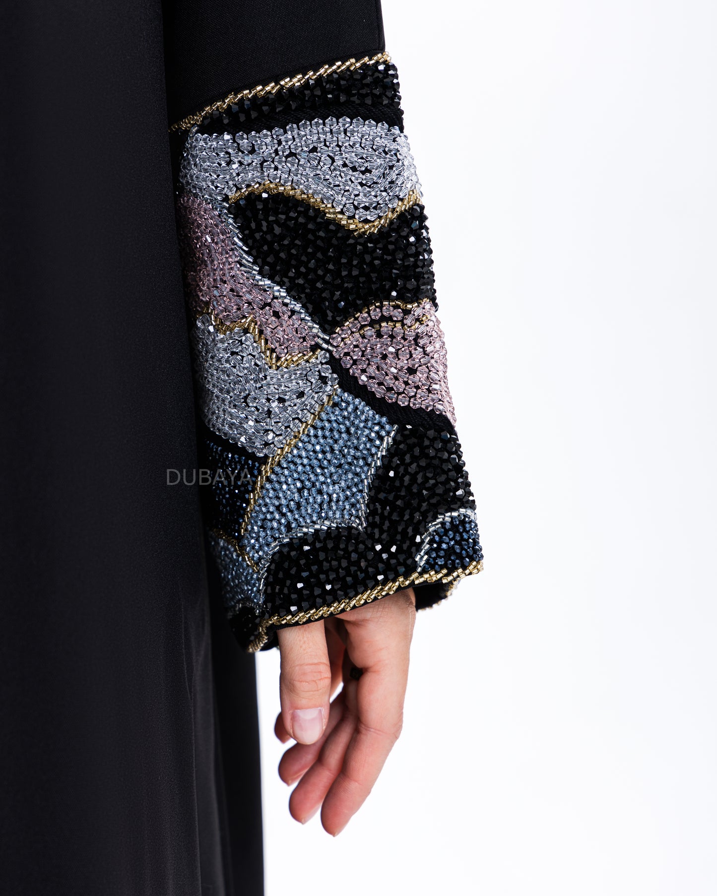 Design abaya black with purple/blue/black stones